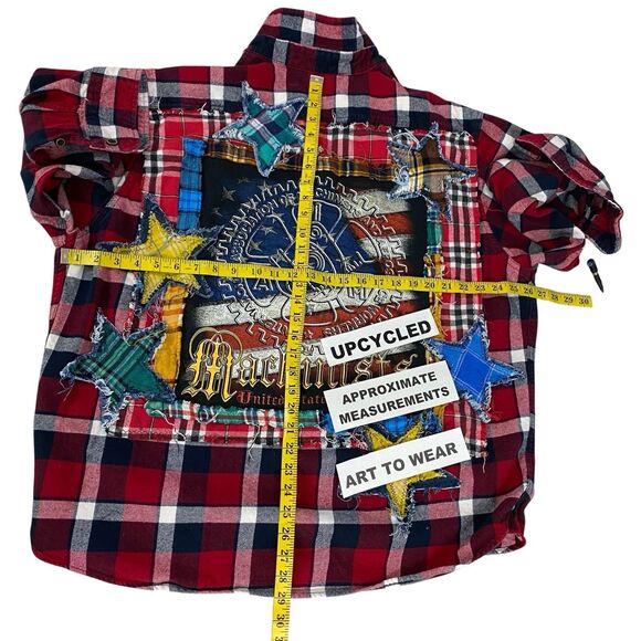Upcycled Flannel Shirt Shacket Womens 3XL Machinist Grunge Patchwork Folk Art - Picture 2 of 14